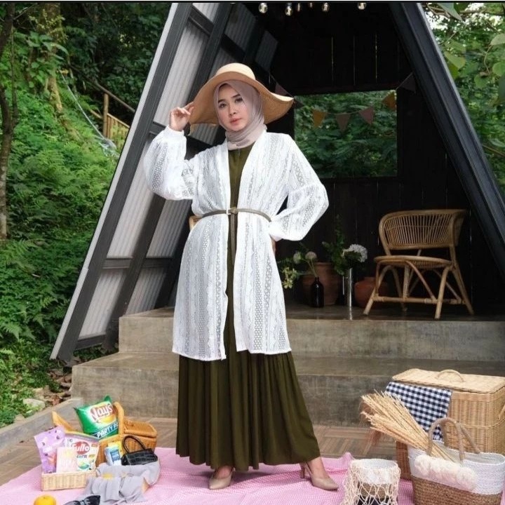 Long Outer Cardigan Brukat Putih Atasan Wanita Kondangan Bukber Lebaran Outerwear lengan balon