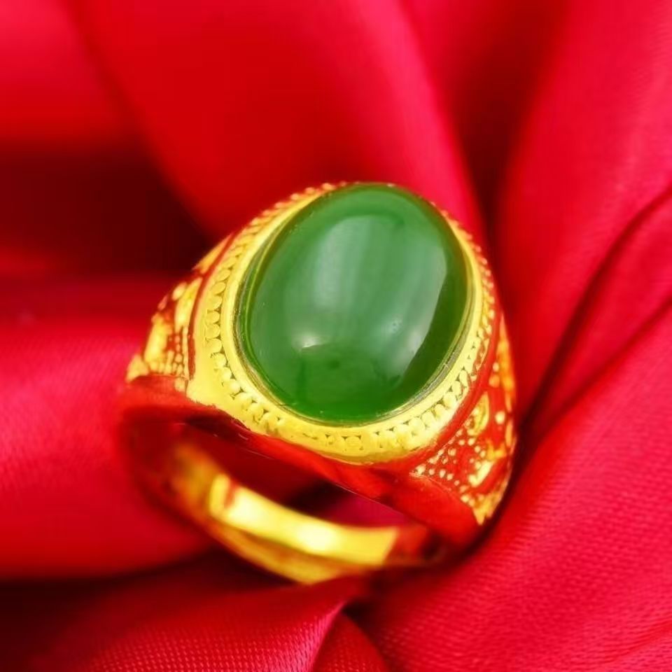 RB5 Cincin Hijau Pria Antik Emas Pasir Vietnam-MBJ9-1