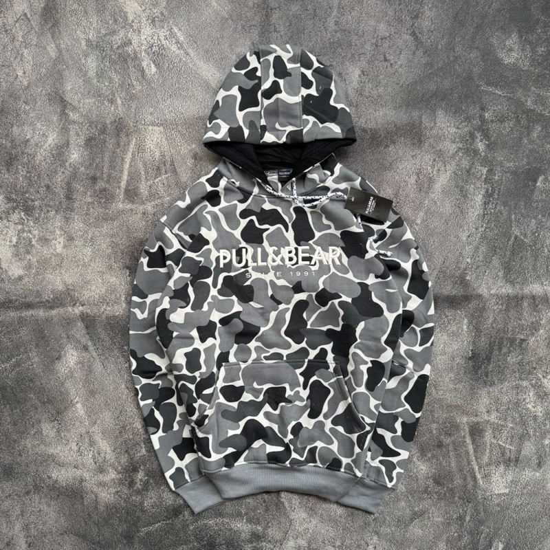 PULL&BEAR FLOCKING Sweater Hoodie Camo Loreng Army Fulltag Pria&Wanita