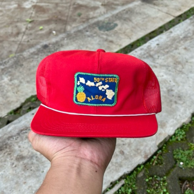 Aloha Hawaii 50th State Vintage 1980s Hat Red Mesh Back Trucker Snapback Cap