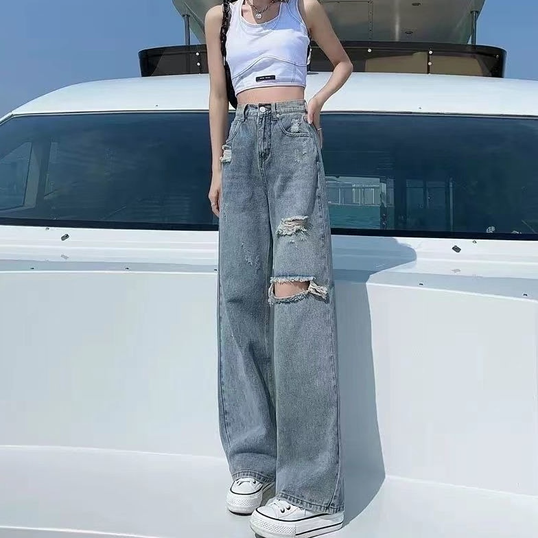 KODE S2L celana jeans sobek wanita kekinian highwaist kulot jeans ripped loose celana panjang jeans 