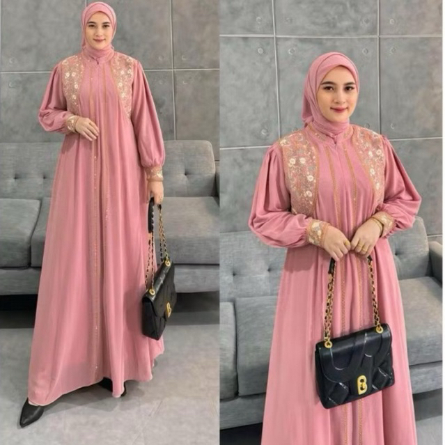 Gamis Hikmat Kayla Abaya Ceruty Babydoll Motif Manik Set Hijab Full Puring Super Soft - Safwah Fashi