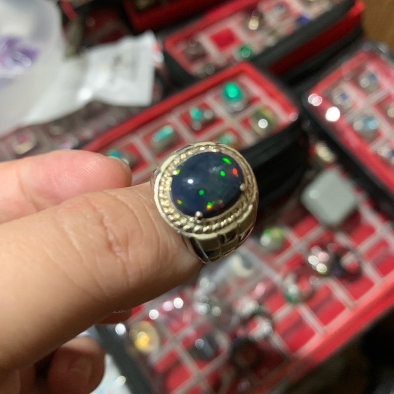 Cincin Batu Natural Kalimaya Black Opal Full Jarong Rintik Ring Perak Handmade Size 7