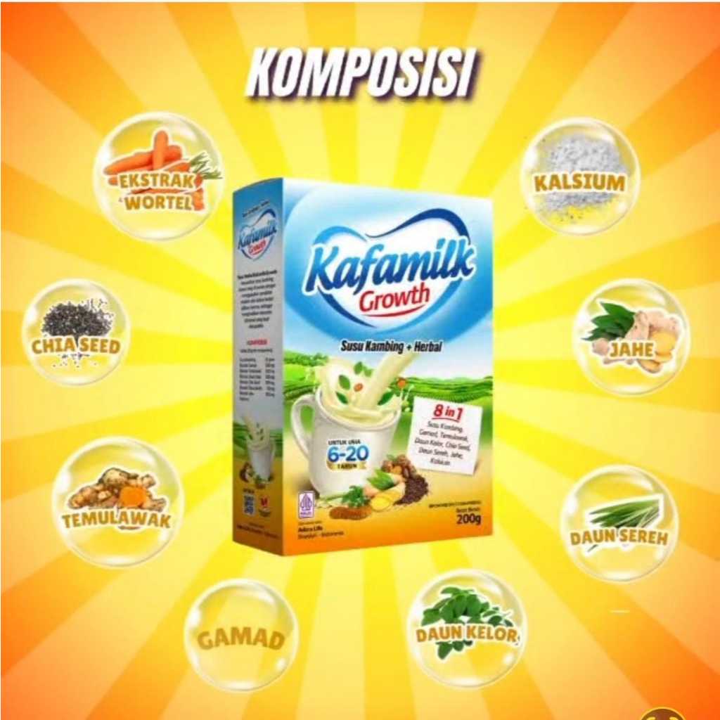

Kafamilk Growth Susu Kambing Herbal 9 in 1 - 1 box @200g untuk usia 6-20 th