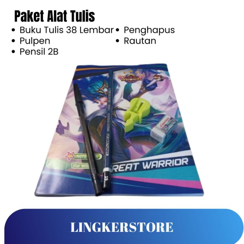 

Paket Alat Tulis 1 Buku + 1 Pulpen + 1 Penghapus + 1 Rautan