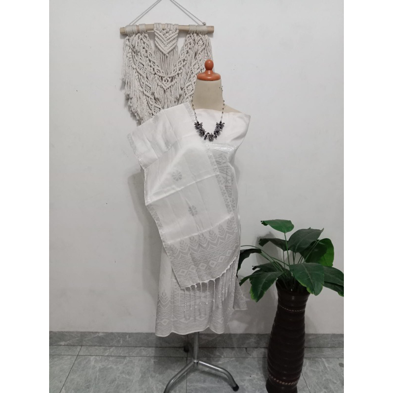 Songket silungkang putih bersih silver