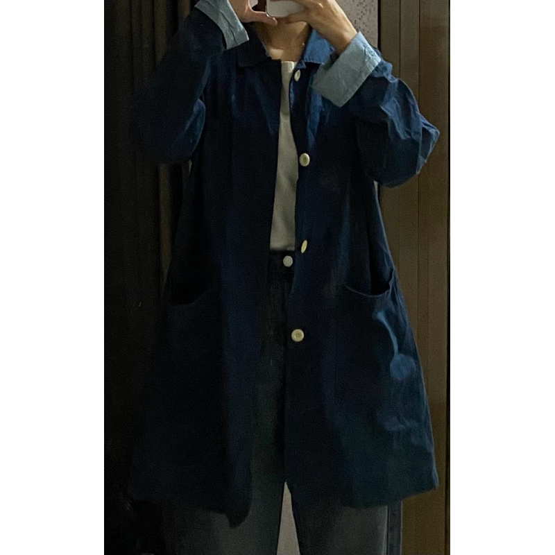 [PRELOVED] LONG OUTER KEMEJA DAILY WANITA CEWE WOMAN WOMEN BIRU DONGKER NAVY GOOD CONDI