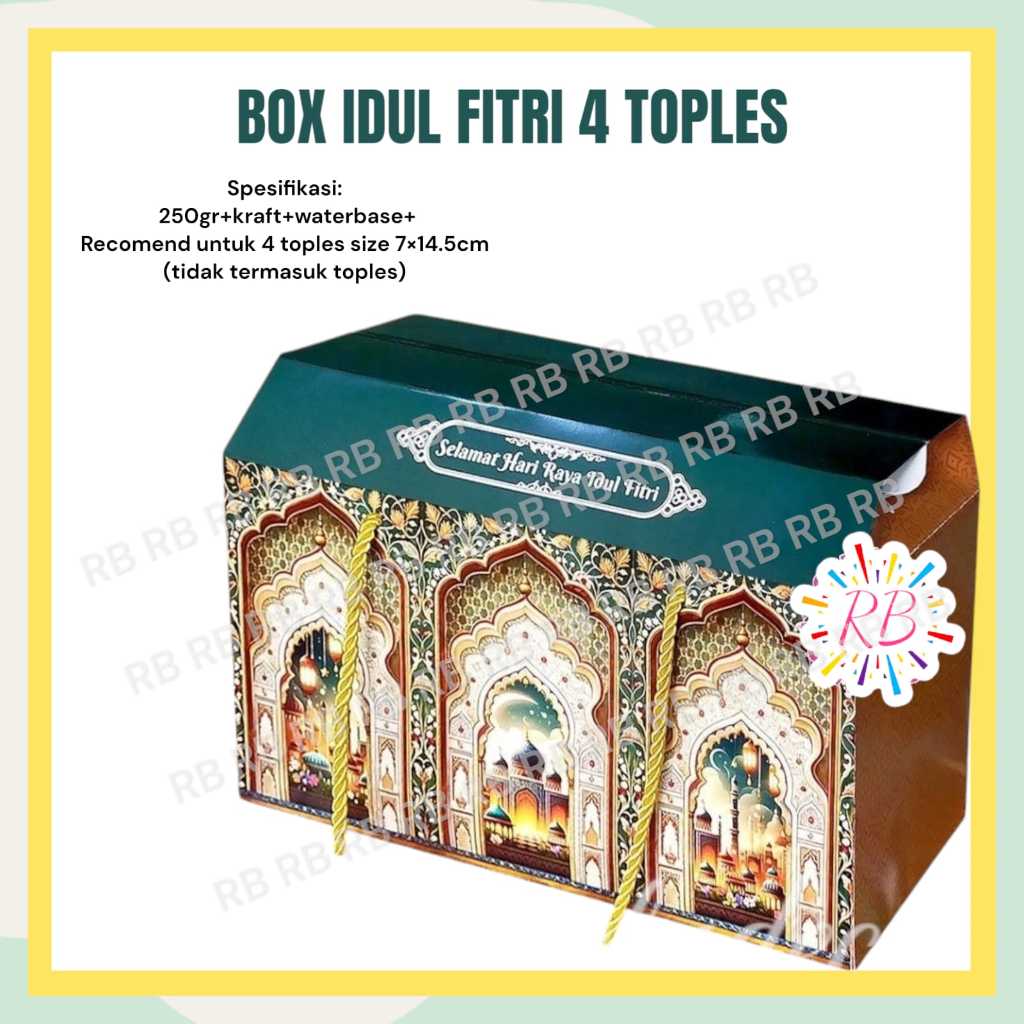

Box Idul Fitri 4 TOPLES Lebaran / Kotak Kue Lebaran / Parcel Idul Fitri / Hampers Lebaran ukuran 29x15x14 cm