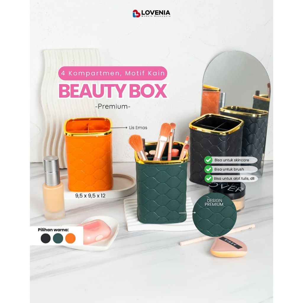 Lovenia Beauty Box / Tempat Kuas Makeup Premium PLASTIK Rak Kosmetik motif Kain sekat Tempat Pensil