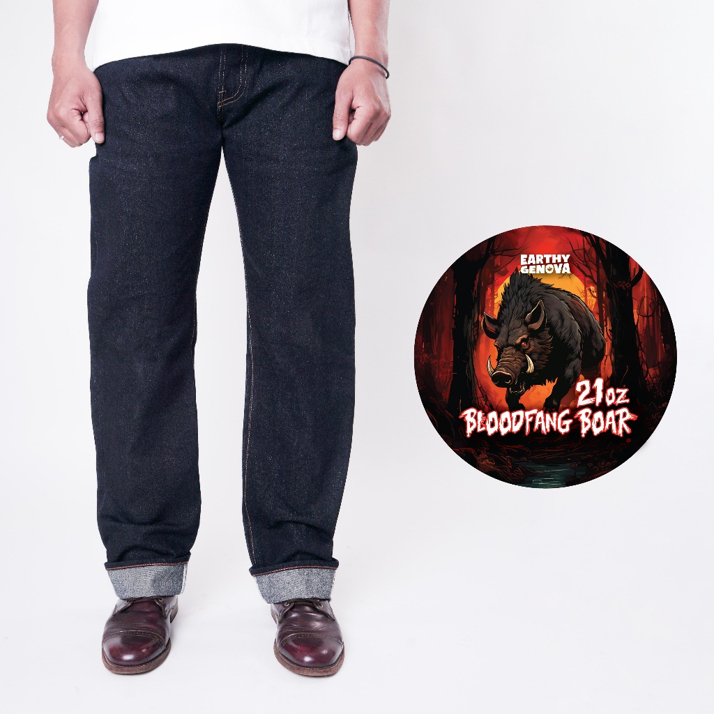 EARTHY GENOVA - Denim Selvedge BLOODFANG BOAR 21 Oz Unsanforized Celana Raw Jeans Pria Super Deep In