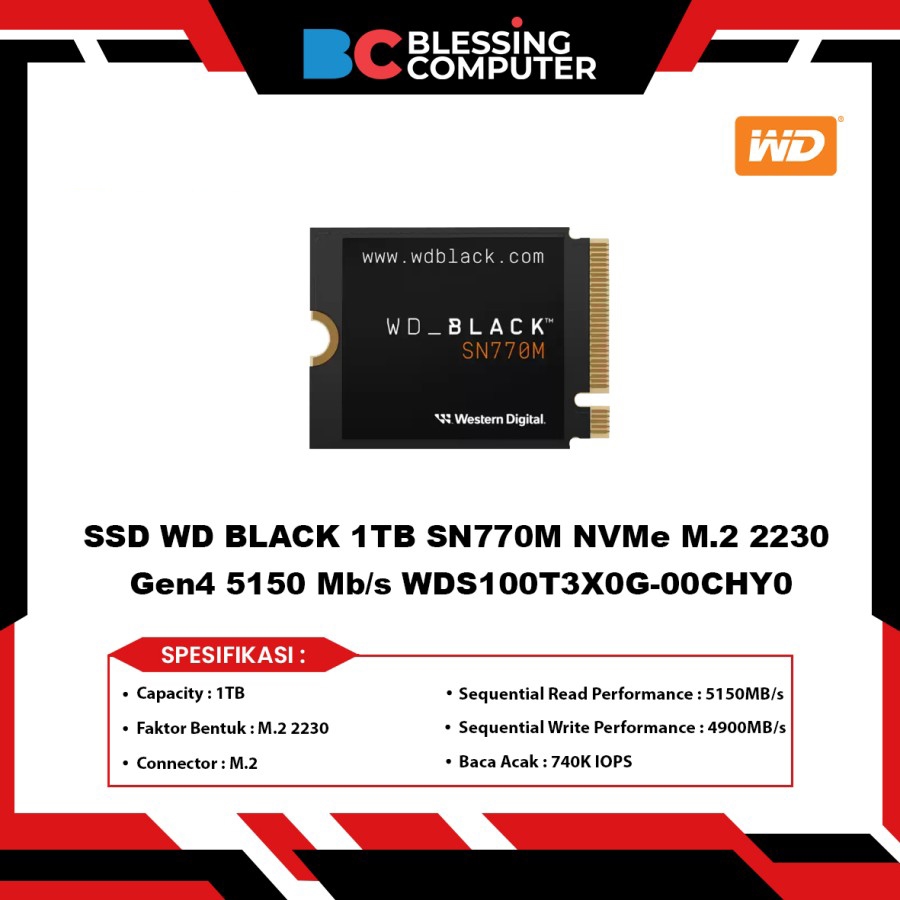 SSD WD BLACK 1TB SN770M NVMe M.2 2230 Gen4 5150 Mb/s WDS100T3X0G-00CHY0