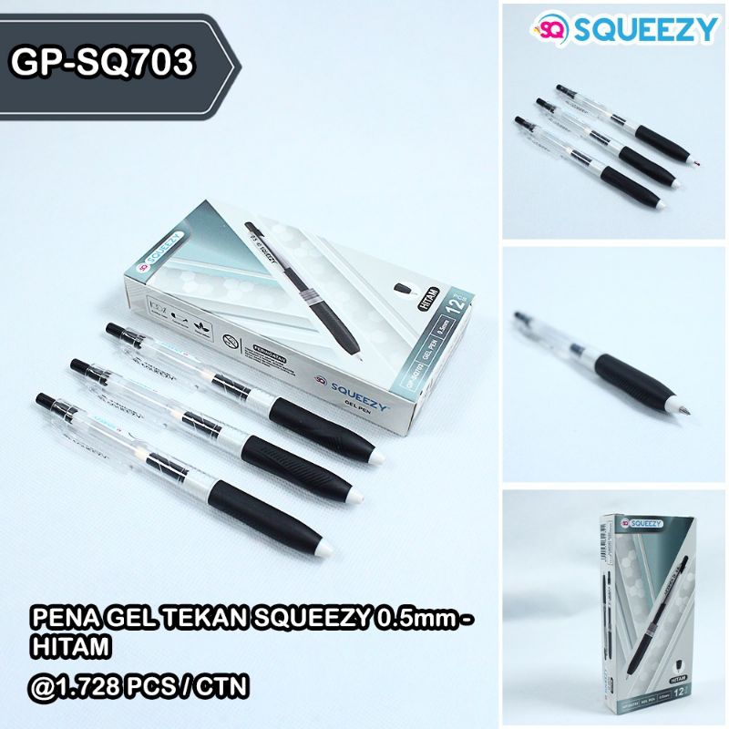 

1 PACK = 12 BIJI Ballpoint / Pulpen Gel SQUEEZY Hitam 0.5mm SQ703