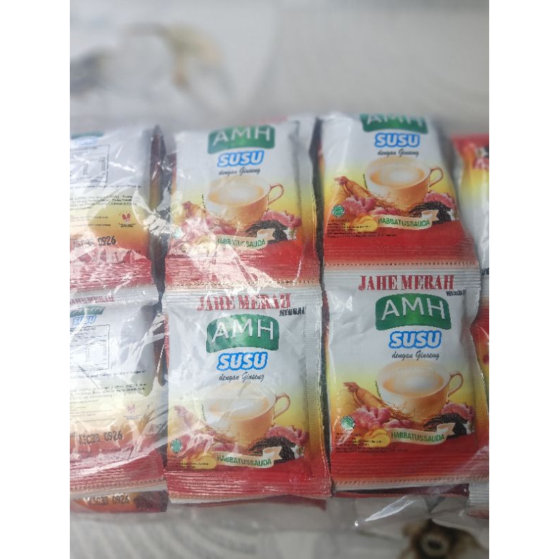 

(1 Renteng 10 Sachet)Jahe Merah Herbal AMH Susu Dengan Gingseng Dan Habbatussauda