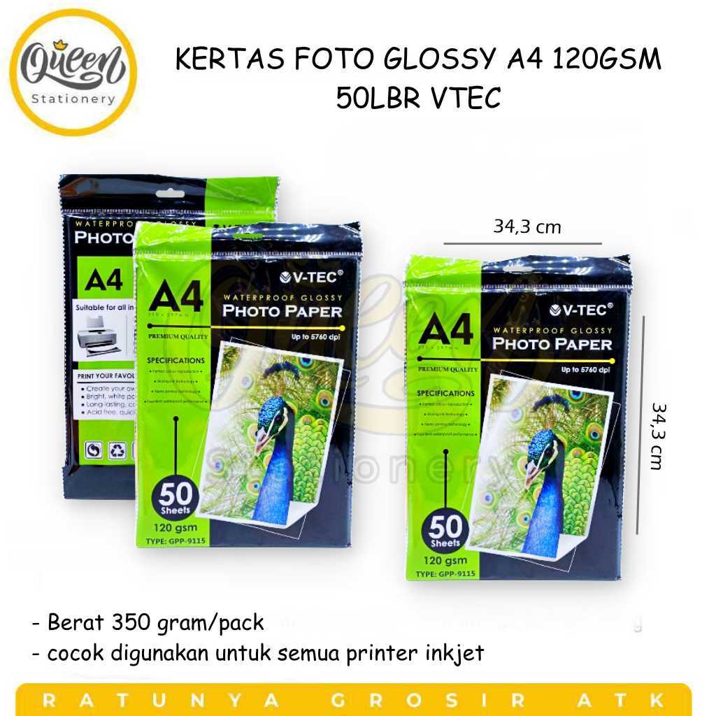 1 PACK (50 LEMBAR) KERTAS FOTO GLOSSY A4 120GSM 50LBR VTEC /' PHOTO PAPER / KERTAS FOTO GLOSSY