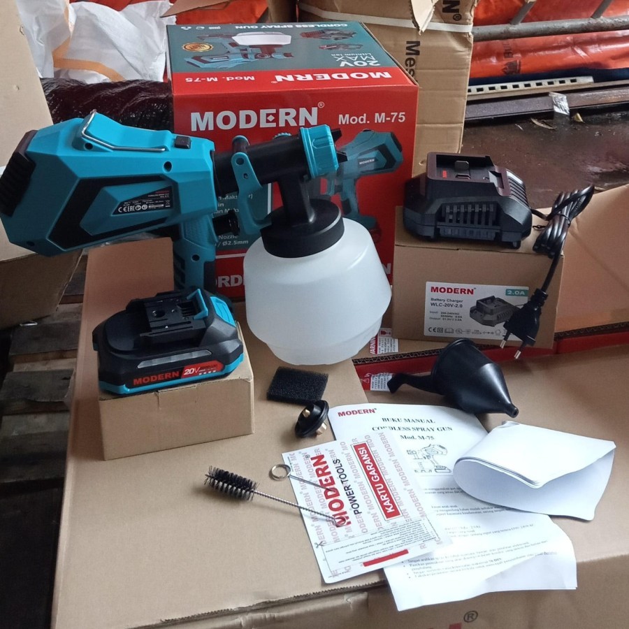 Spray Gun Cat Cordless MODERN M-75 1200ML/ 20V / ALAT SEMPROT CAT MOTOR MOBIL TEMBOK BATERAI BRUSHLE