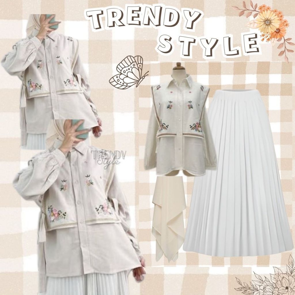 Oneset 3in1 (JILBAB + KEMEJA BW + ROK PLISKET) OOTD Monochrome Wanita Korean Style - TS006