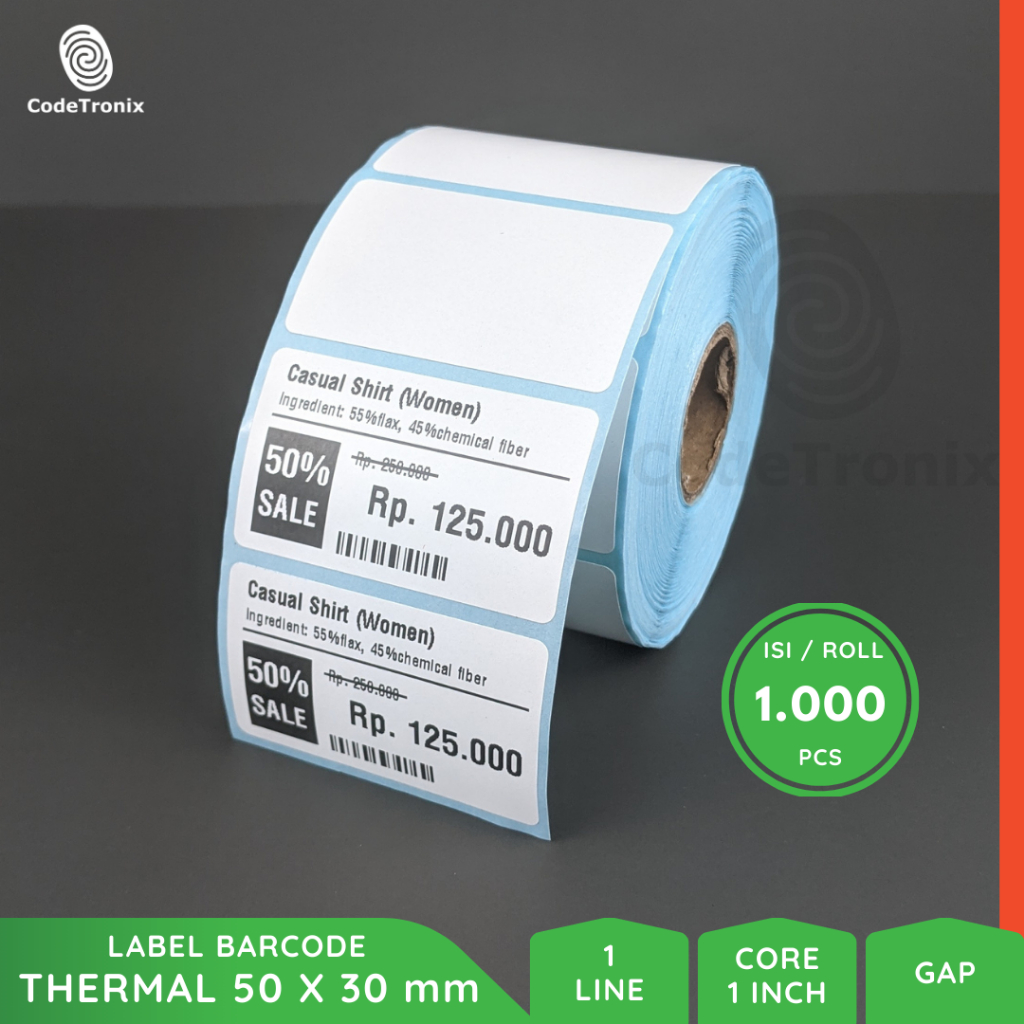 

Label Stiker Kertas Printer Barcode Thermal 50x30 1 Line 1000 pcs Promo