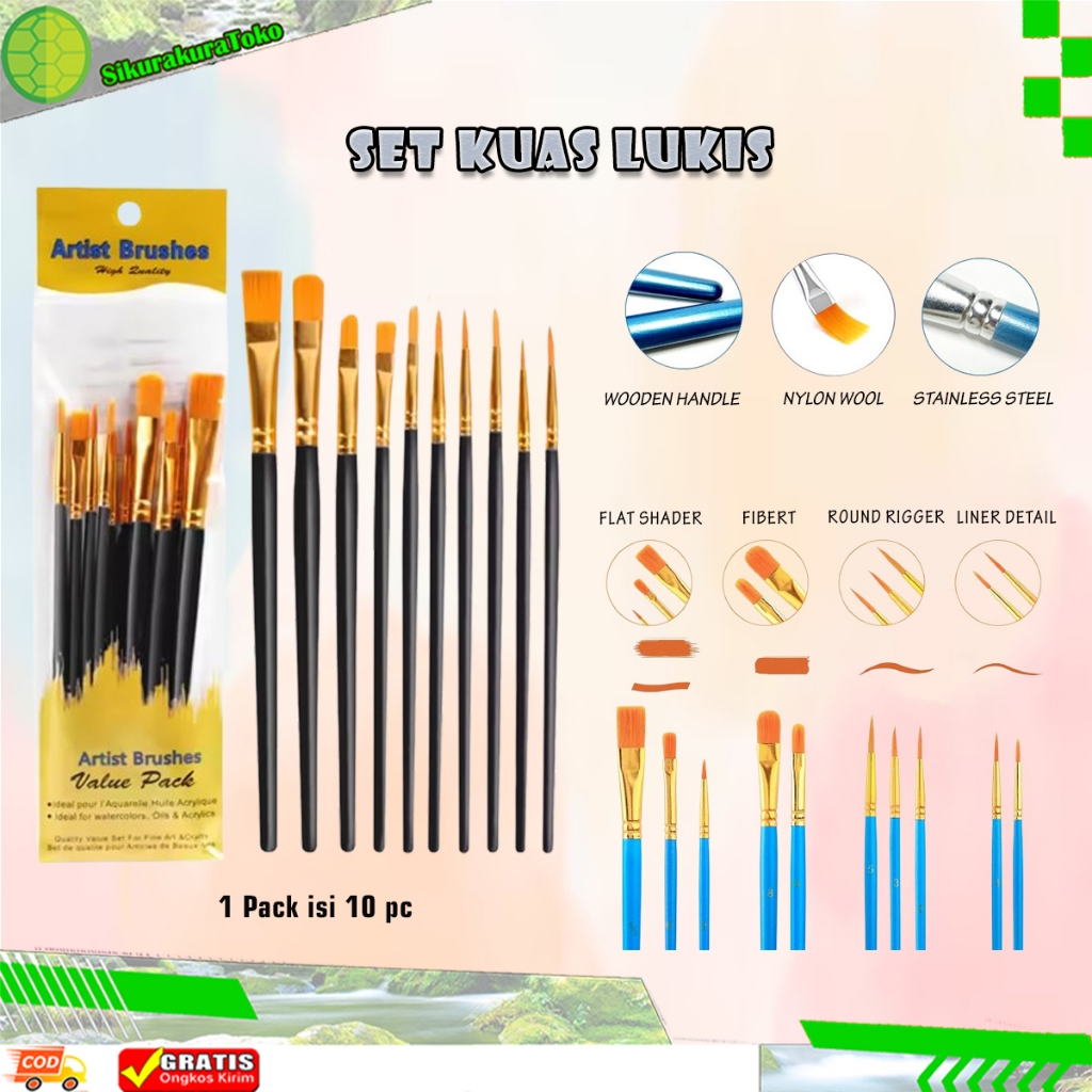 (sda) Set Kuas Lukis 10pcs Paket Brush Melukis 10 in 1 pcs face painting brus cat acrylic air minyak