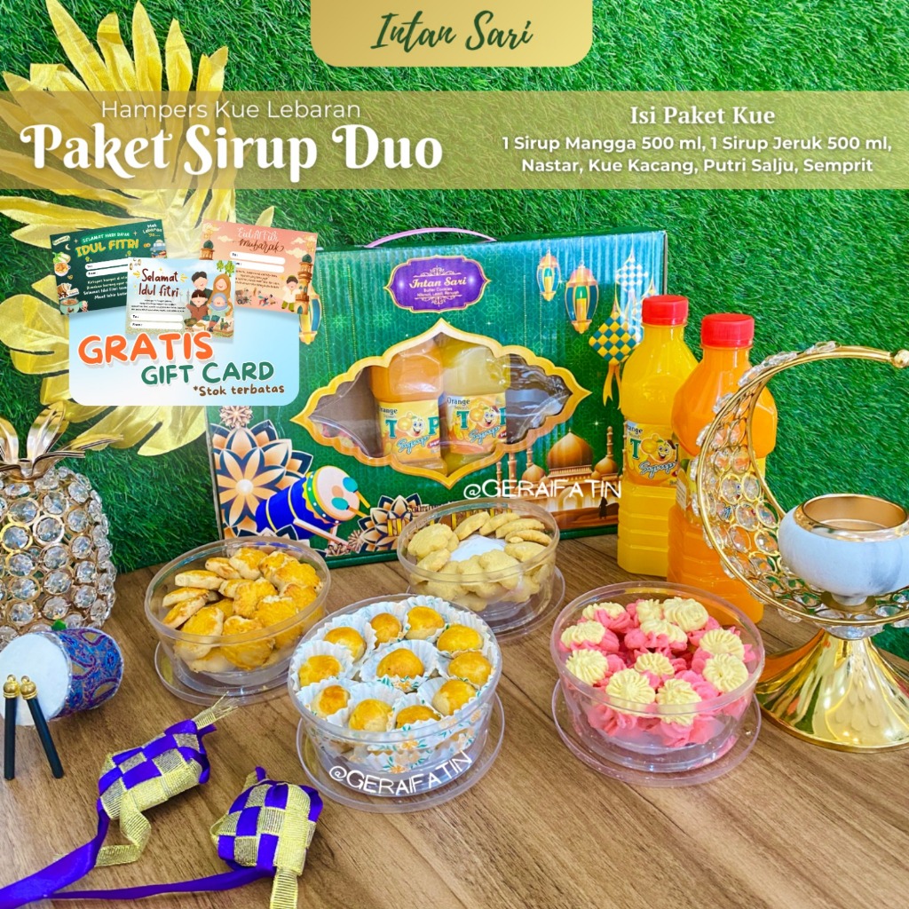 

INTAN SARI PARCEL RAMADHAN PAKET DUA SIRUP + 4 KUE KERING HAMPERS KUE LEBARAN IDUL FITRI