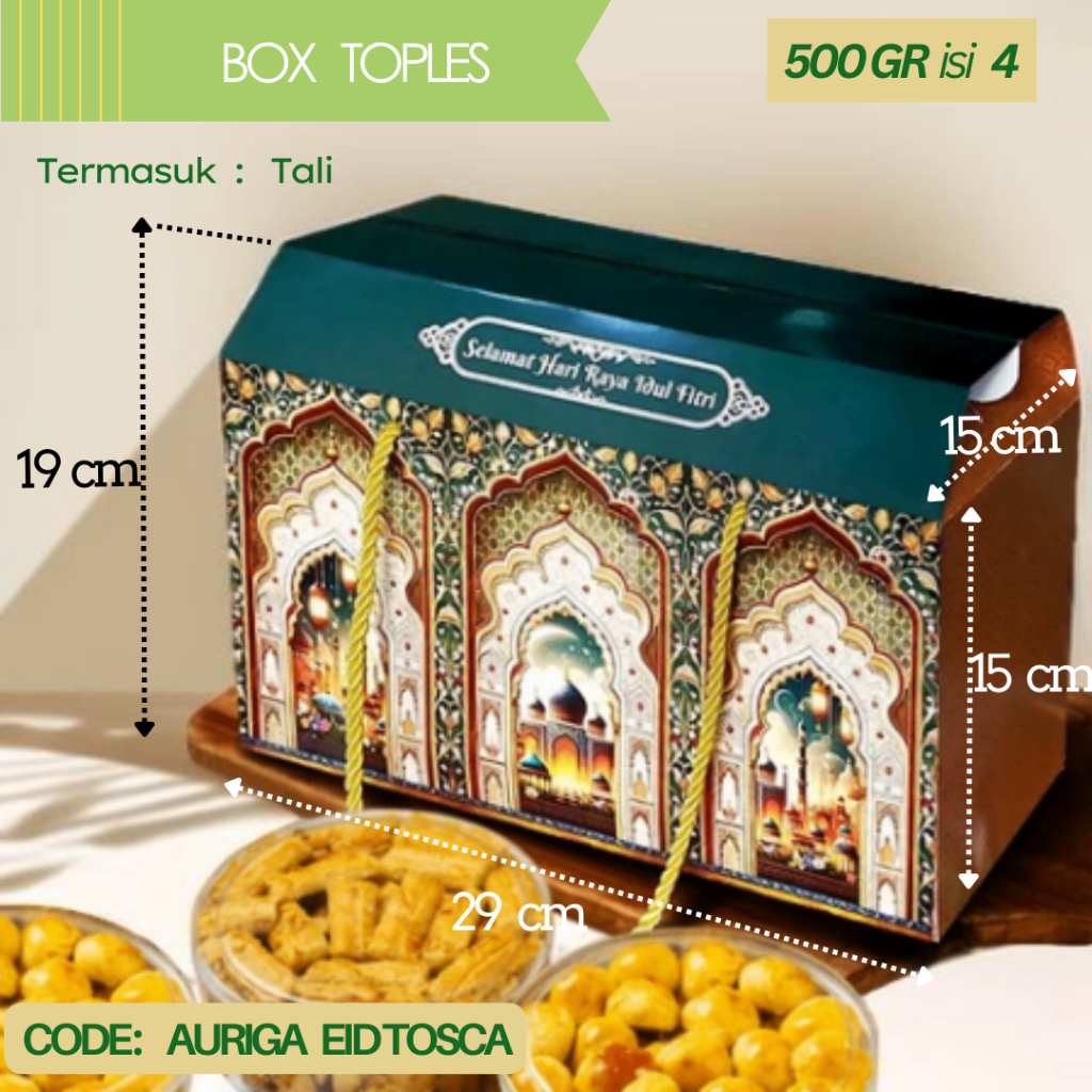 

Gable Box Lebaran Auriga / Box Packaging 4 Toples 500gr / Dus JInjing Hampers Idul Fitri