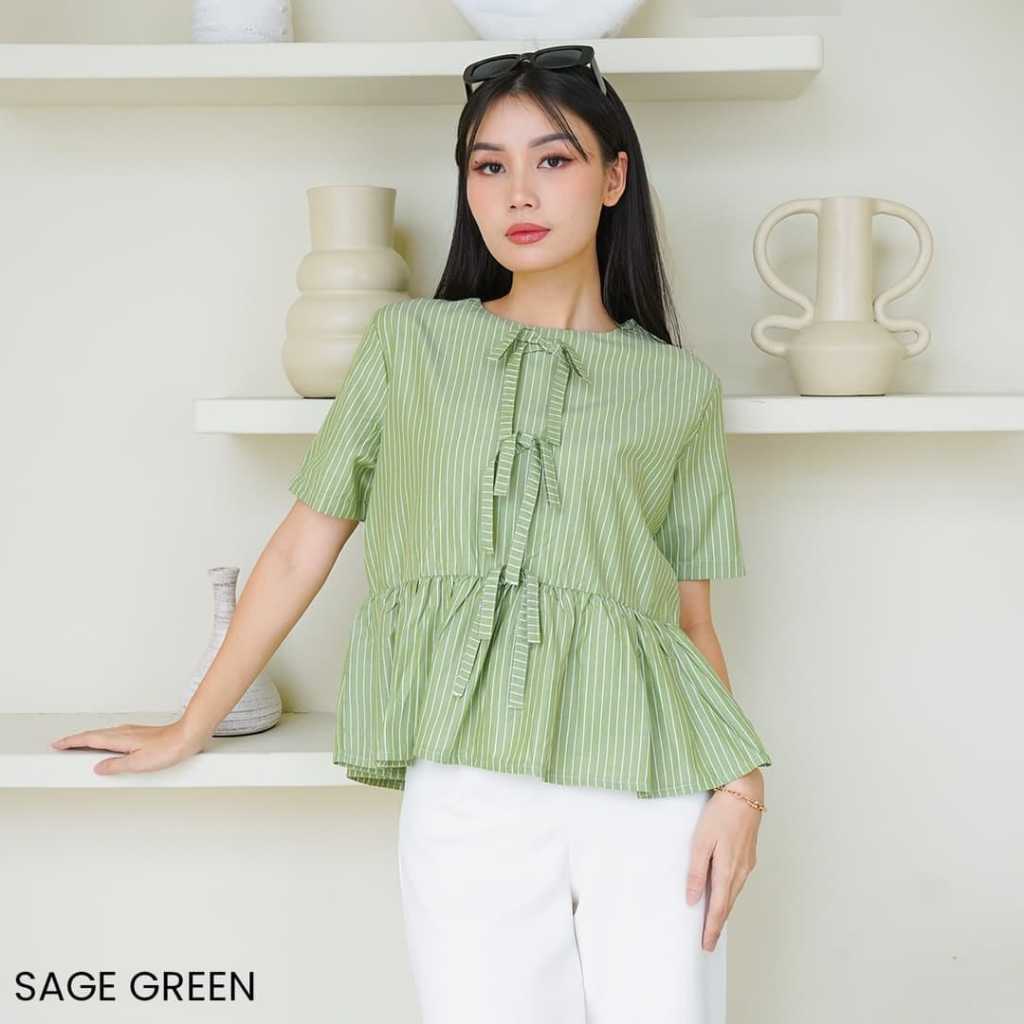 Vishesh - Atasan Wanita Blus Coquette Stripe Mia Hijau Sage