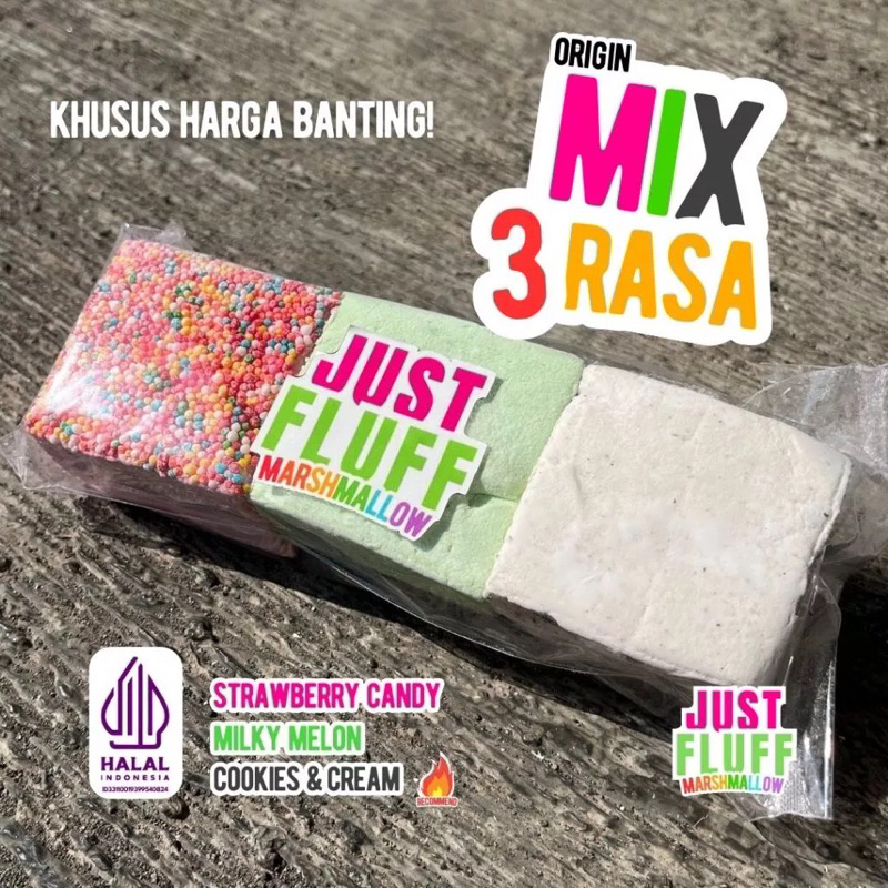 

Marshmallow JustFluff MIX ALPHA [3 KOTAK 3 RASA] JustFluff Marshmallow