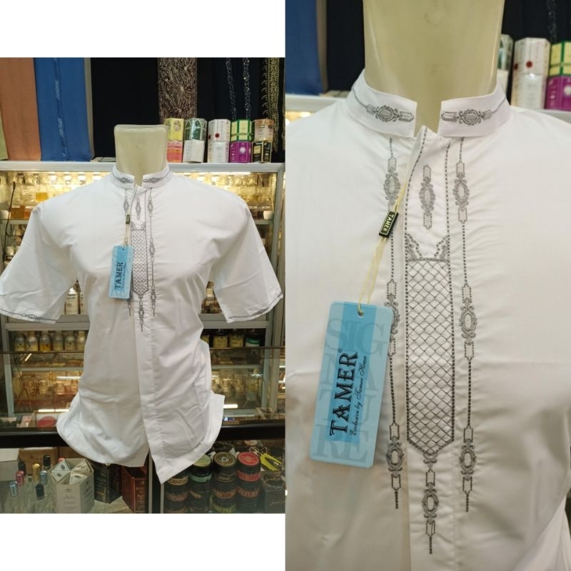 Baju Koko / Baju muslim Pria Tamer putih lengan pendek bordir katun premium Andalusia