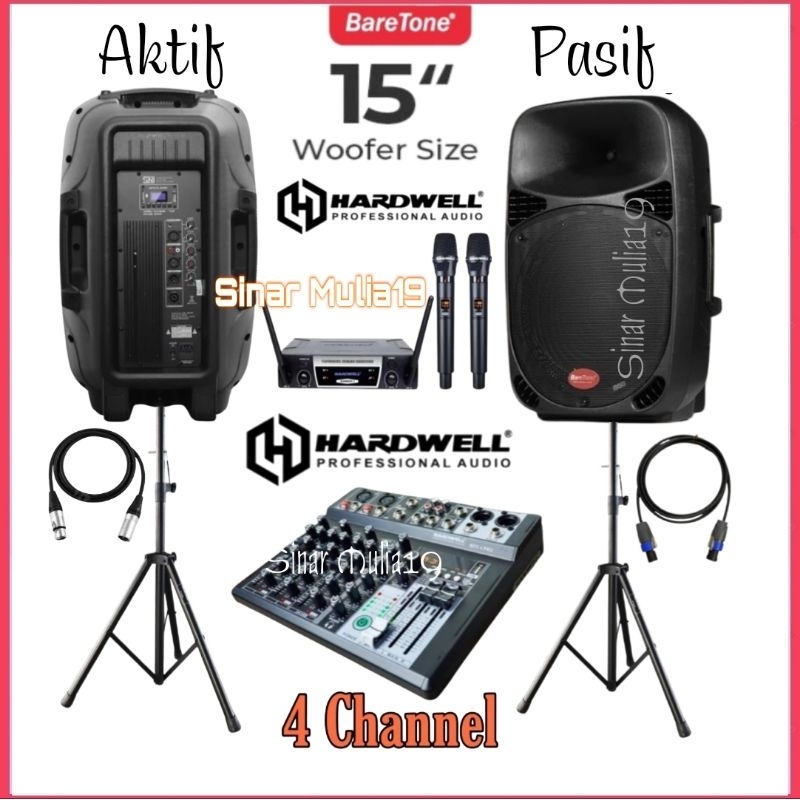 Paket Komplit Sound System BareTone 15 Inch [ Aktif & Pasif ] Mixer Hardwell Spx 4 Pro MK 1 Mic