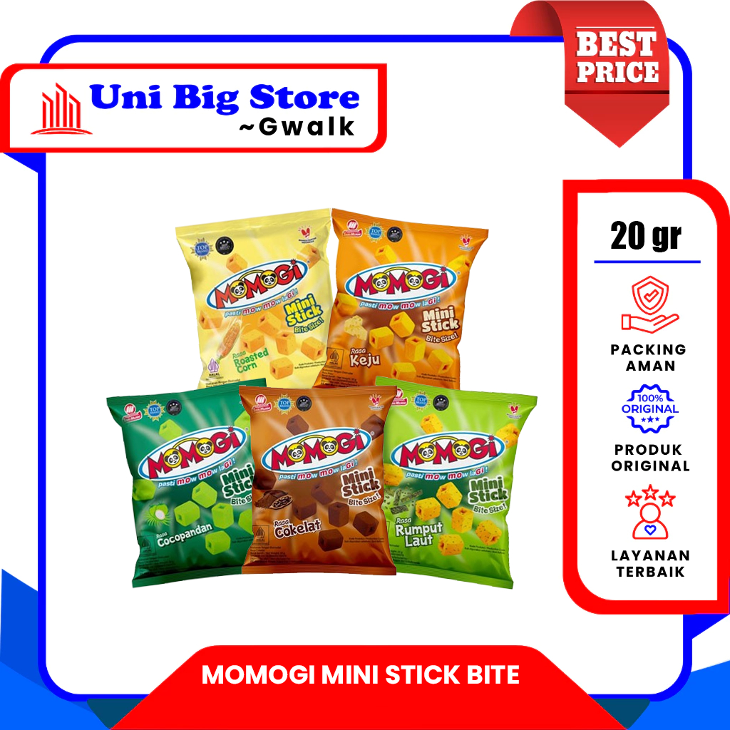 

MOMOGI MINI STICK BITE COKLAT - COCOPANDAN - RUMPUT LAUT - KEJU - JAGUNG BAKAR - 20 gr