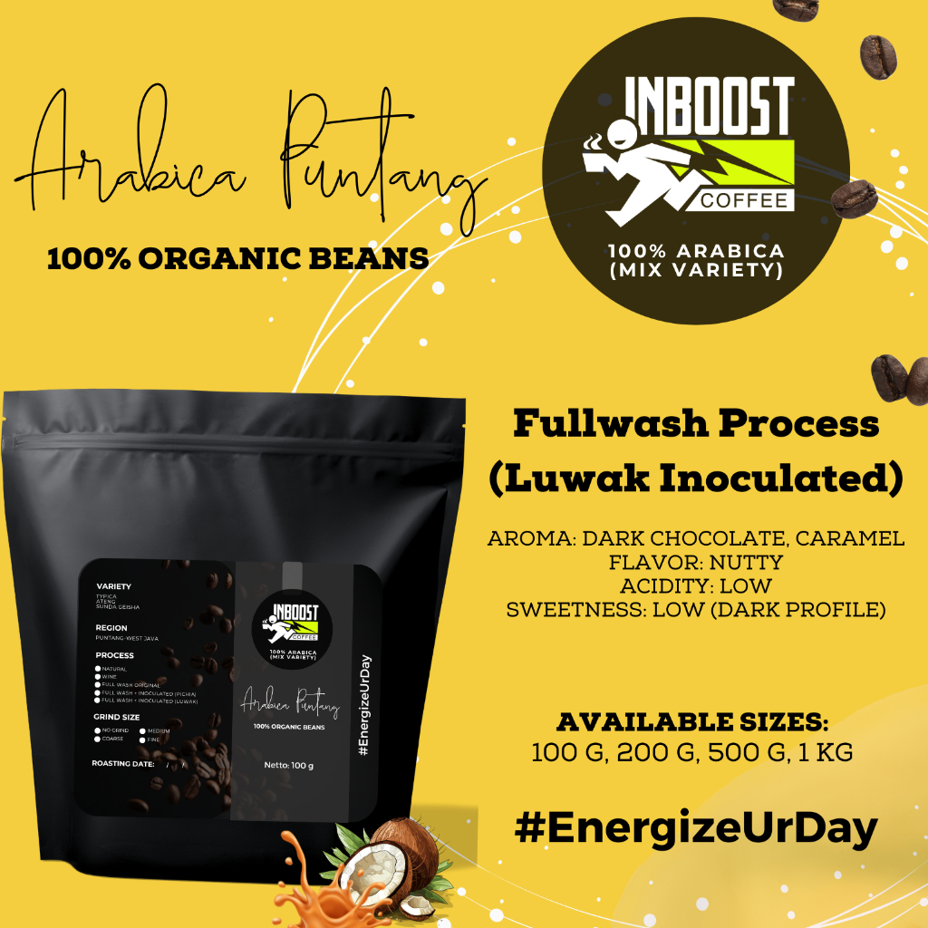 

INBOOST COFFEE Arabica Puntang Full Washed with Luwak Fermentation, Roasted Beans, 100 G