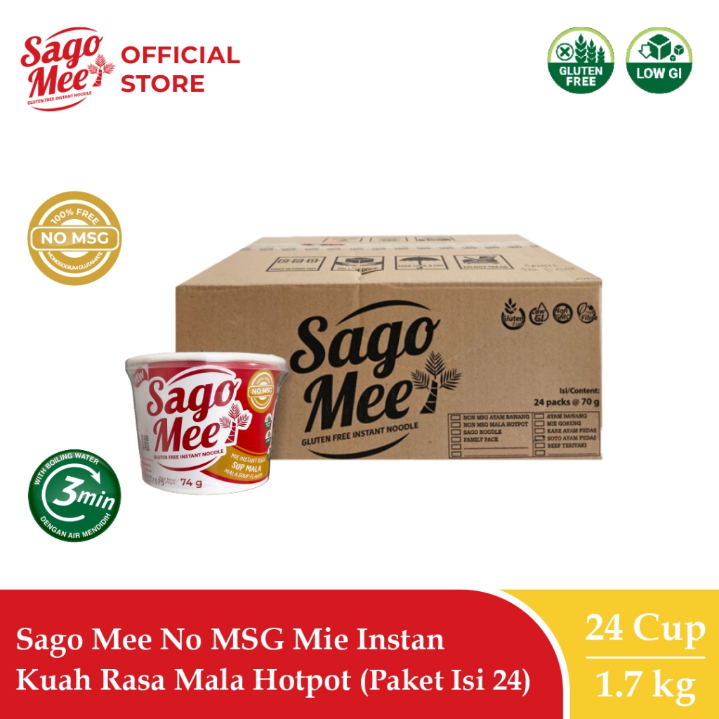 

Sago Mee Gluten Free Mie Instan No MSG Cup Kuah Rasa Mala Soup 74g (1 Karton isi 24)