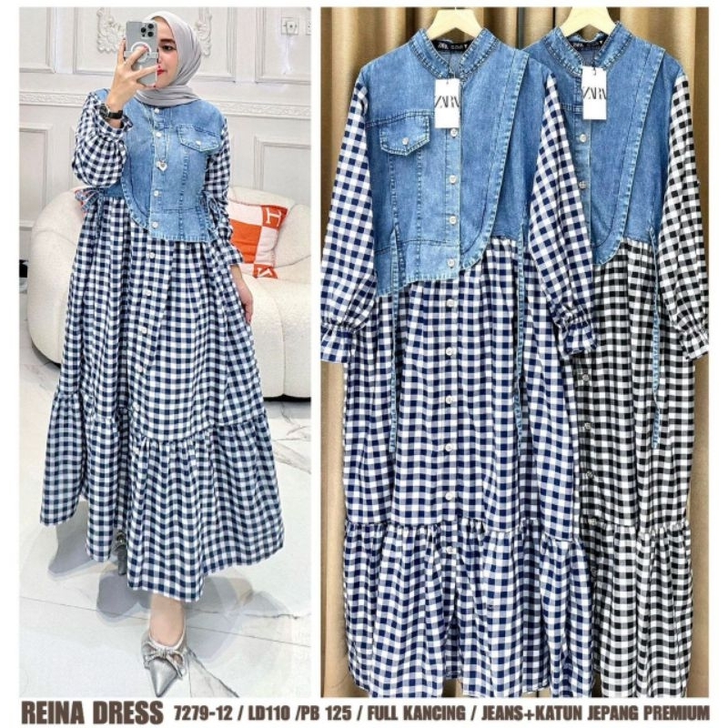 Raina Dress Katun Mix Jeans Cantik Fashion Wanita Dewasa