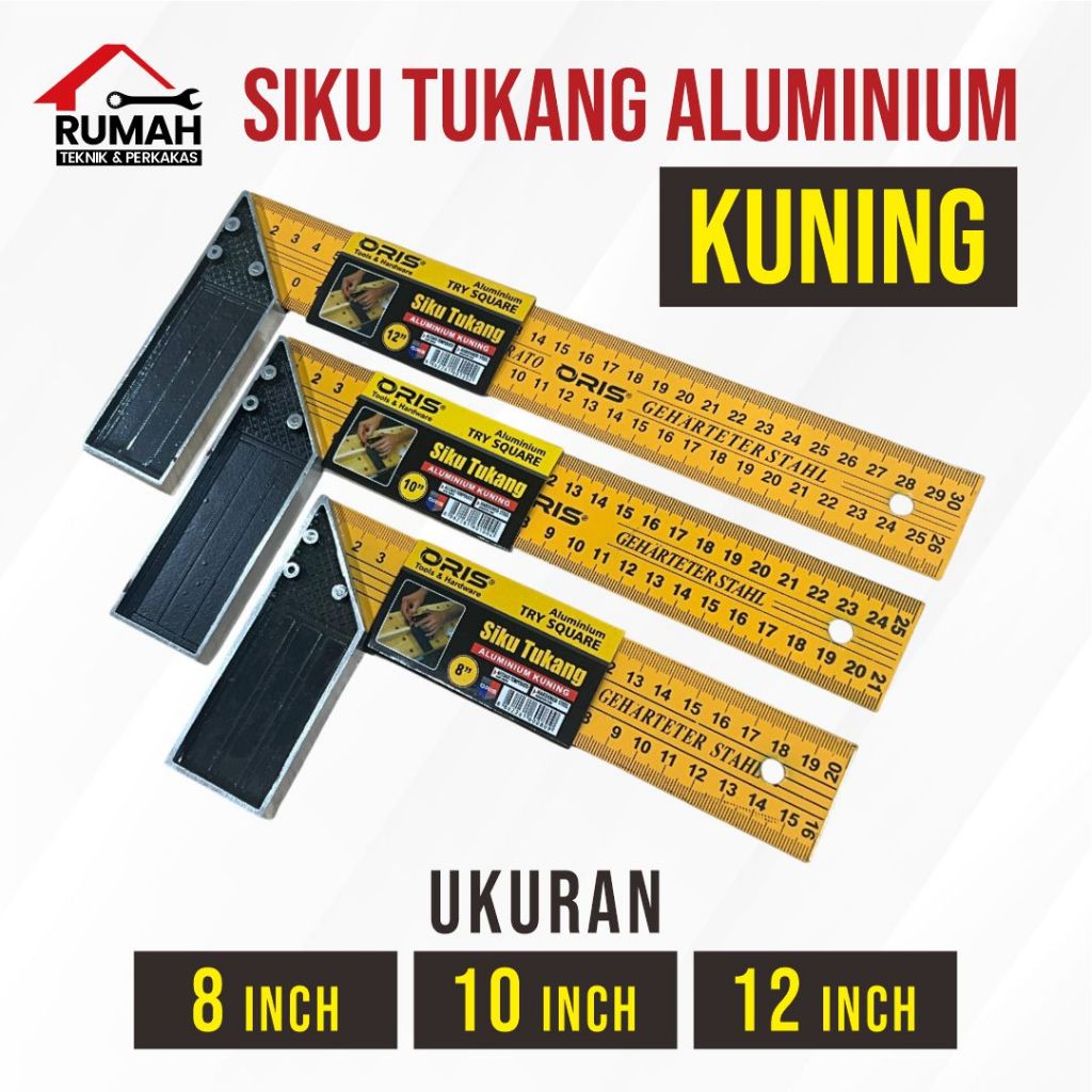 SIKU TUKANG ALUMUNIUM KUNING ORIS 8" 10" 12" / Penggaris siku tukang bangunan