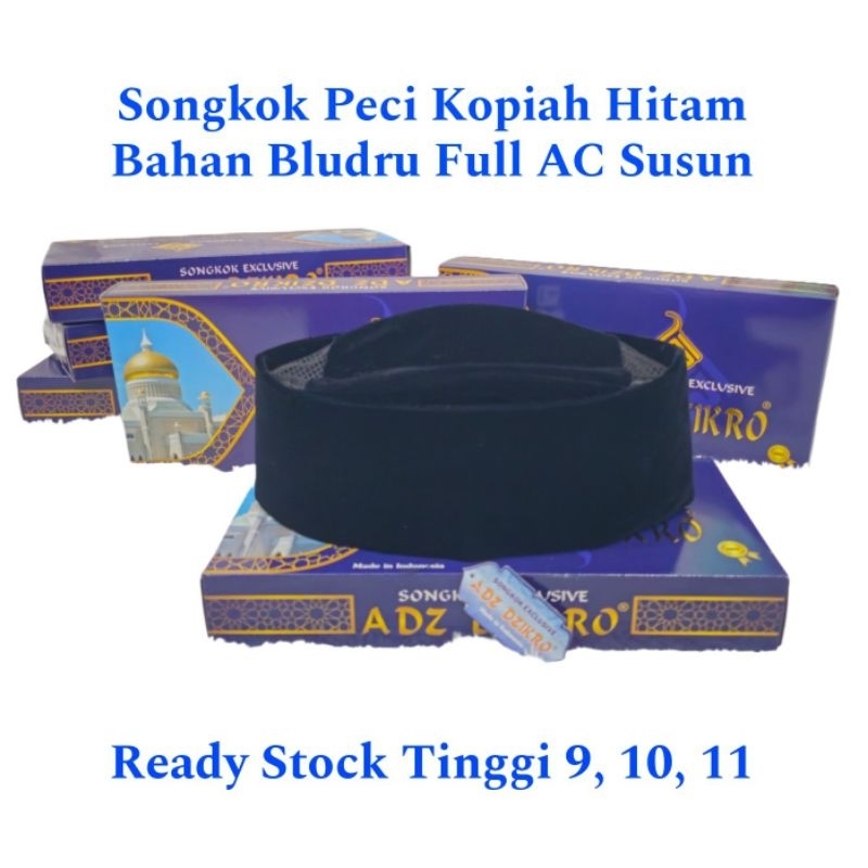 Adz Dzikro Songkok Peci Kopiah Hitam Bahan Bludru Full AC Susun