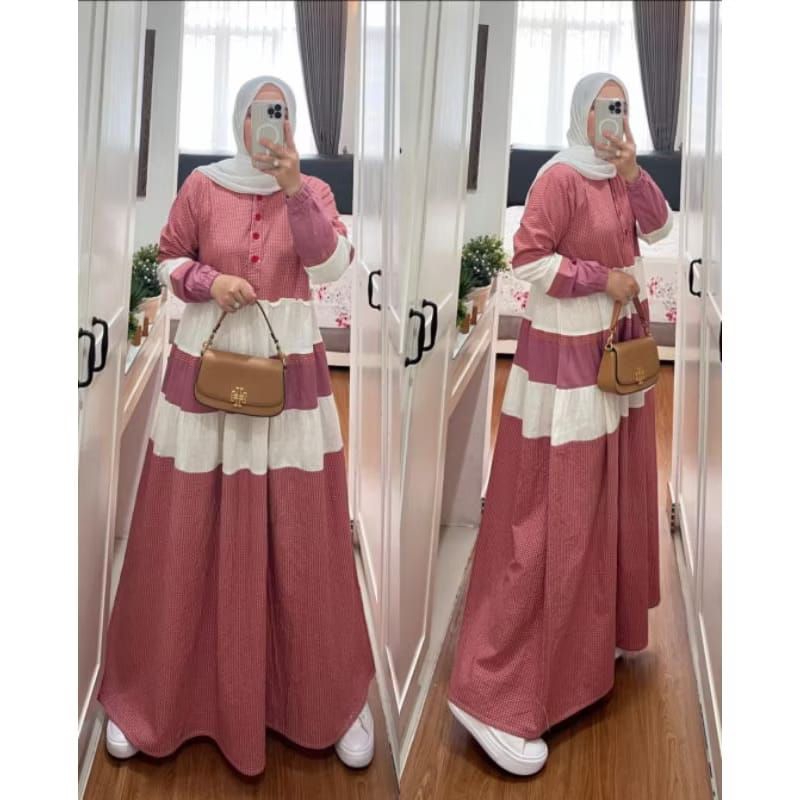 Dress Gamis Wanita Muslim Model Umpak Perut Motif Bunga Salur Kotak Kombinasi Warna Lucu Original Se