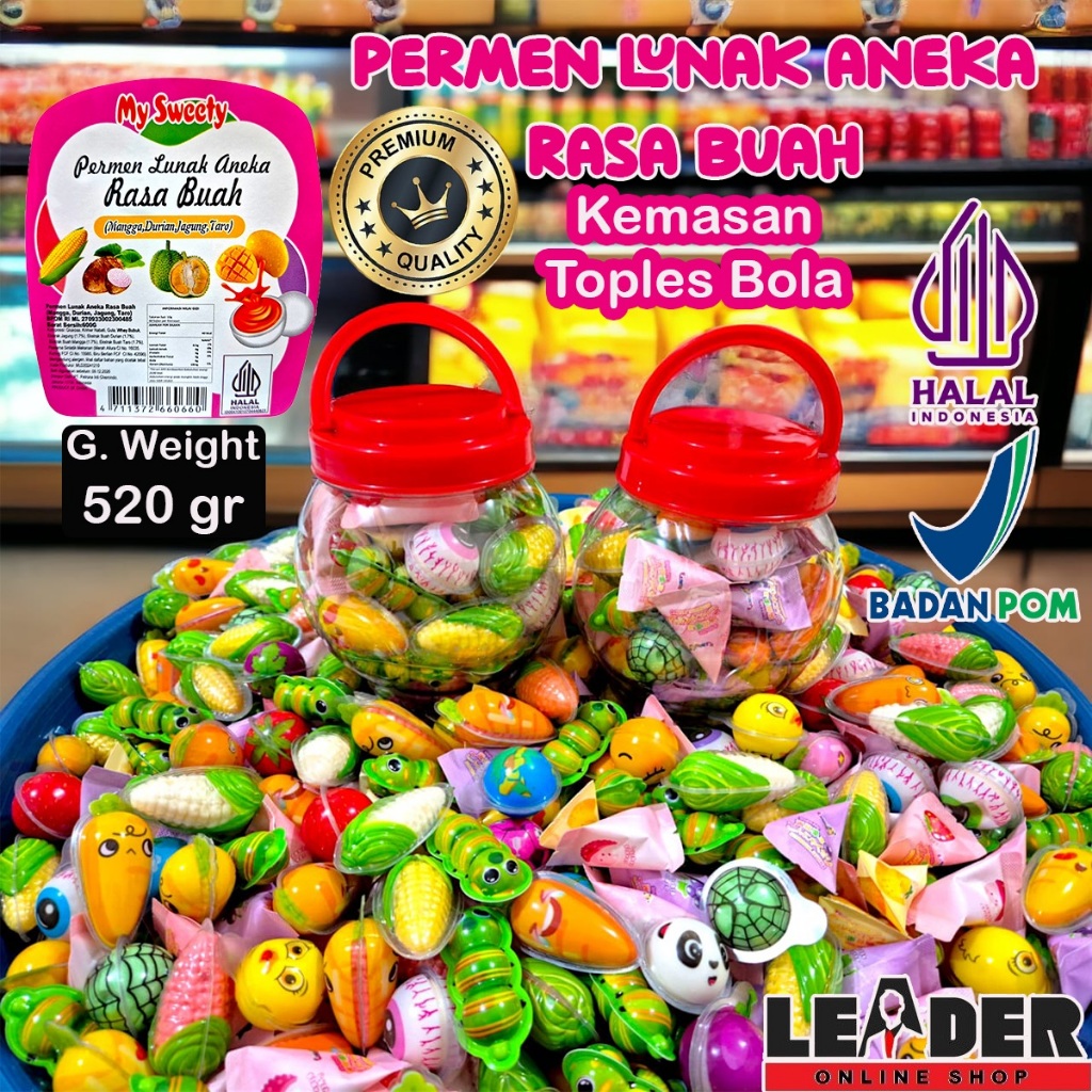 

PERMEN LUNAK BUMI PREMIUM HALAL BPOM JELLY MAKANAN JAJANAN RINGAN MIX ANEKA BENTUK DAN RASA BUAH DALAM TOPLES BOLA