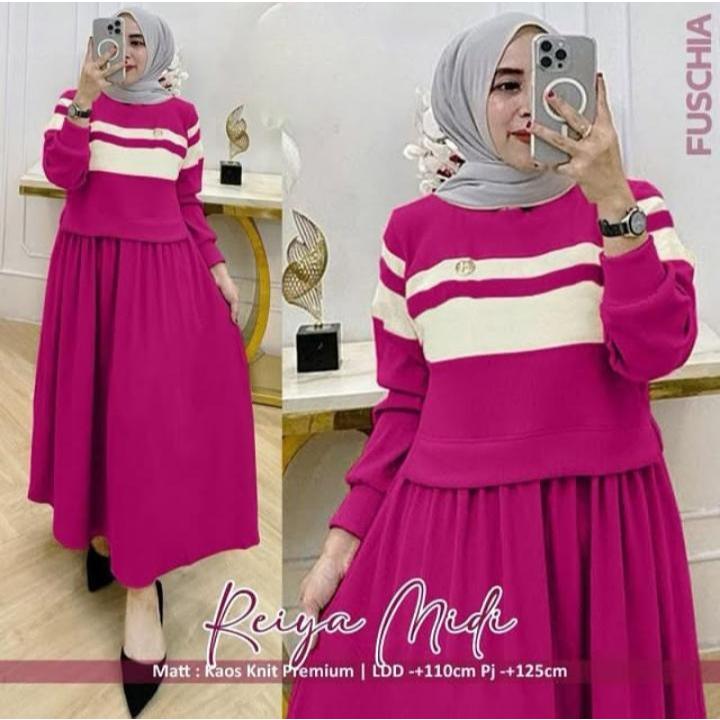 Raya Midi Dress Muslim Lengan Panjang Bahan Kaos Knit Midi Dress Korean Style TERBARU