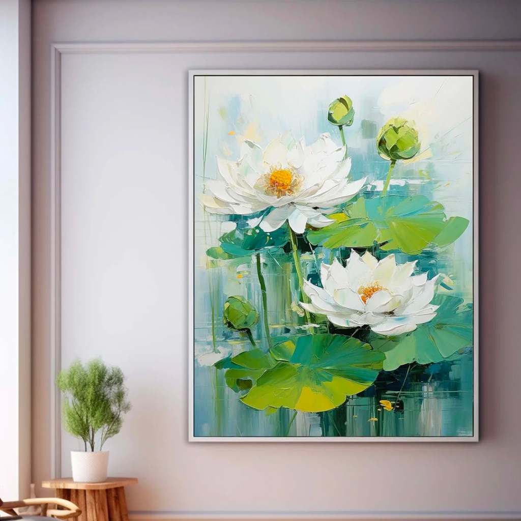 Lukisan Dinding Bunga Teratai Putih Aesthetic Minimalis Japandi