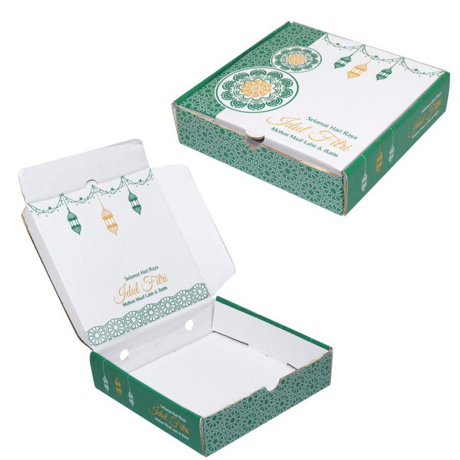 

Kardus Karton Brownies Eid Mubarak Box Hampers PIzza Motif Fitri Hijau Ukuran 21x21x5 cm Isi 10