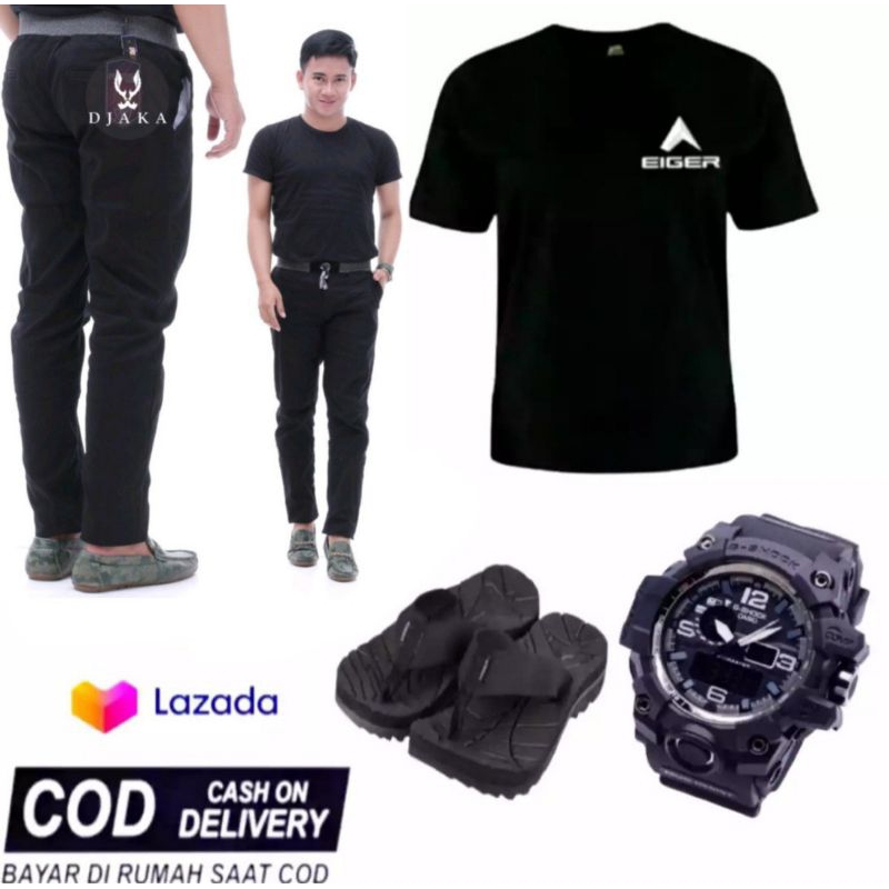 PAKET HEMAT CELANA PANJANG CINO PRIA / KAOS PRIA / SANDAL GUNUNG / JAM WATERISIST ANTI AIR
