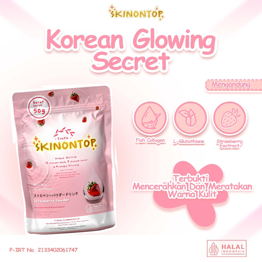 

[FLASH SALE 70% OFF] SKINONTOP Collagen Drink Rasa Strawberry 50 gram | Mencerahkan (Brightening) | Memutihkan (Whitening) | Melembabkan (Moisturizing)