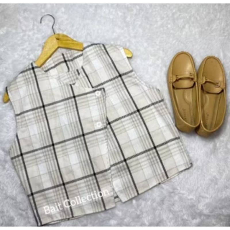 Nuna vest basic wanita korean style/atasan flanel kotak wanita   crop tanpa lengan / rompi outer kot