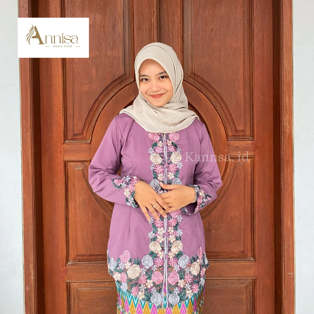 Kannsa Kebaya Encim Modern Formal Warna Ungu Motif Bunga Pakaian Wanita Lengan Panjang