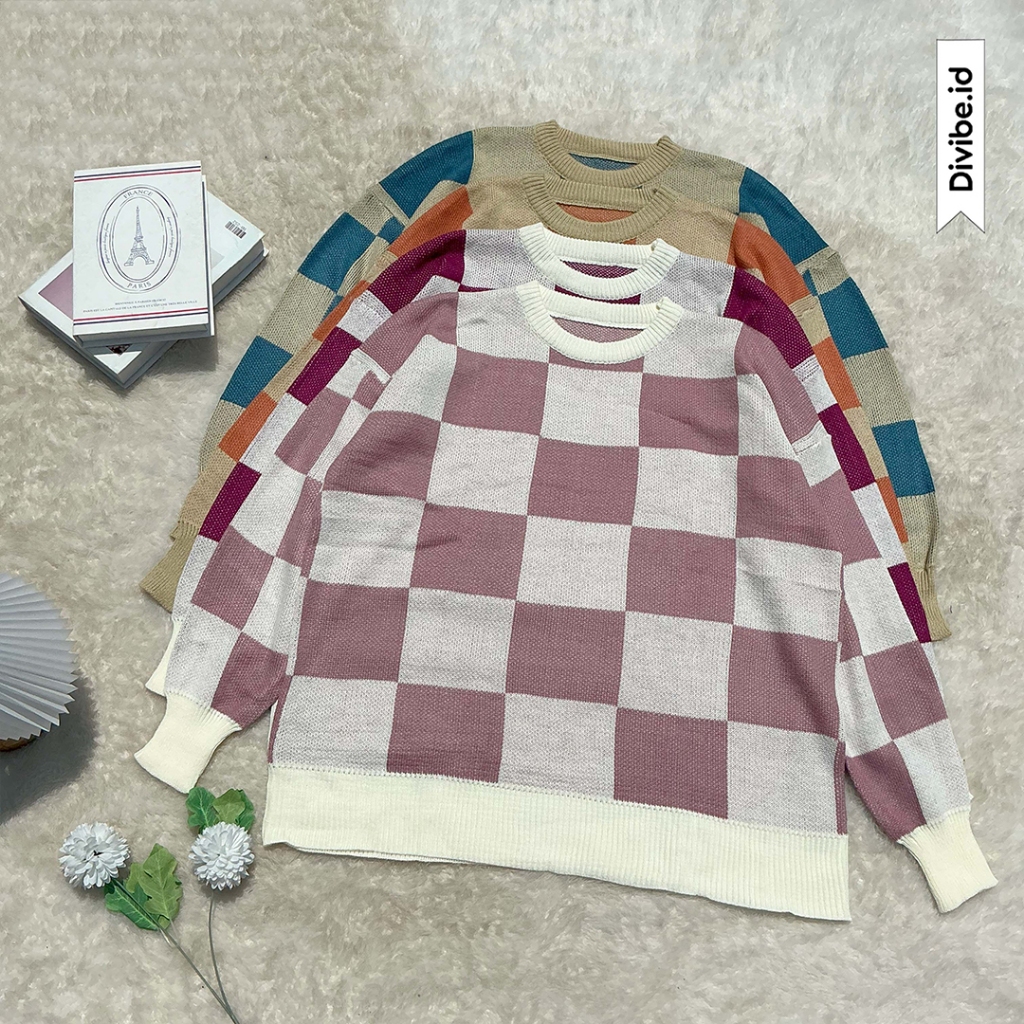 Emily Sweater Oversize knit - rajut atasan wanita - Motif Garis Knit Cable Blouse Ruffle