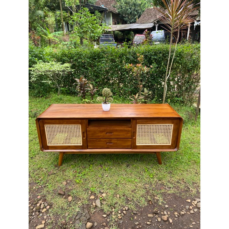 buffet tv kayu jati kombinasi rotan/meja tv rotan minimalis