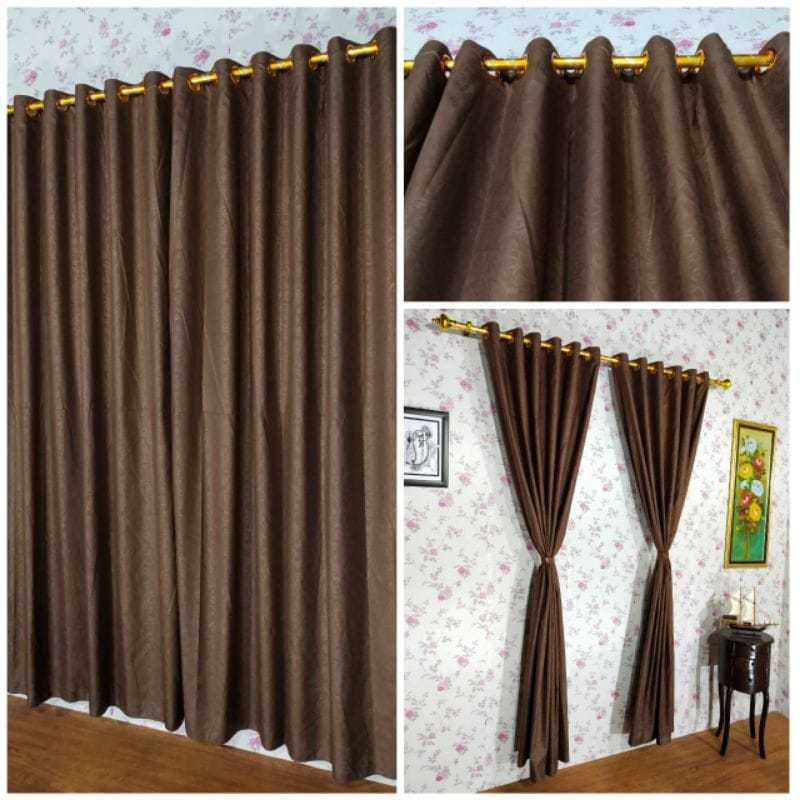 [ 2 pcs ] Gorden Coklat ukuran 100x230 cm smokering polos emboss kordeng jendela atau pintu gorden p