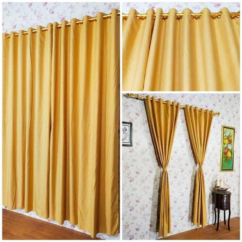 [ 2 pcs ] Gorden Gold /  kuning  ukuran  100x230 cm smokering polos emboss kordeng jendela atau pint