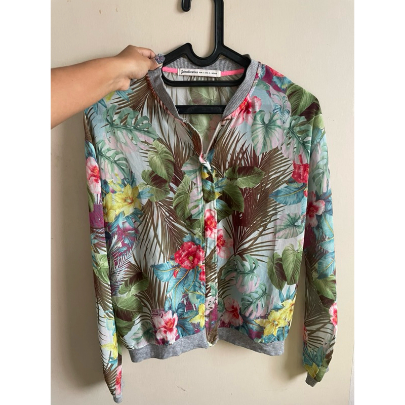 Stradivarius Floral Bomber Jacket - Tropical Print, Lightweight Casual Outerweae