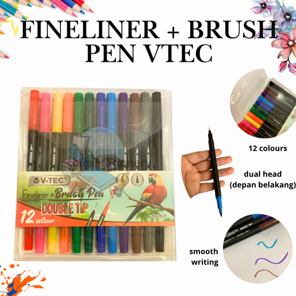 

[1 SET] Super Brush Pen 2 IN 1 Fineliner + Brush Pen Murah Ukuran Panjang Smooth Writing Isi 12 Warna Vtec