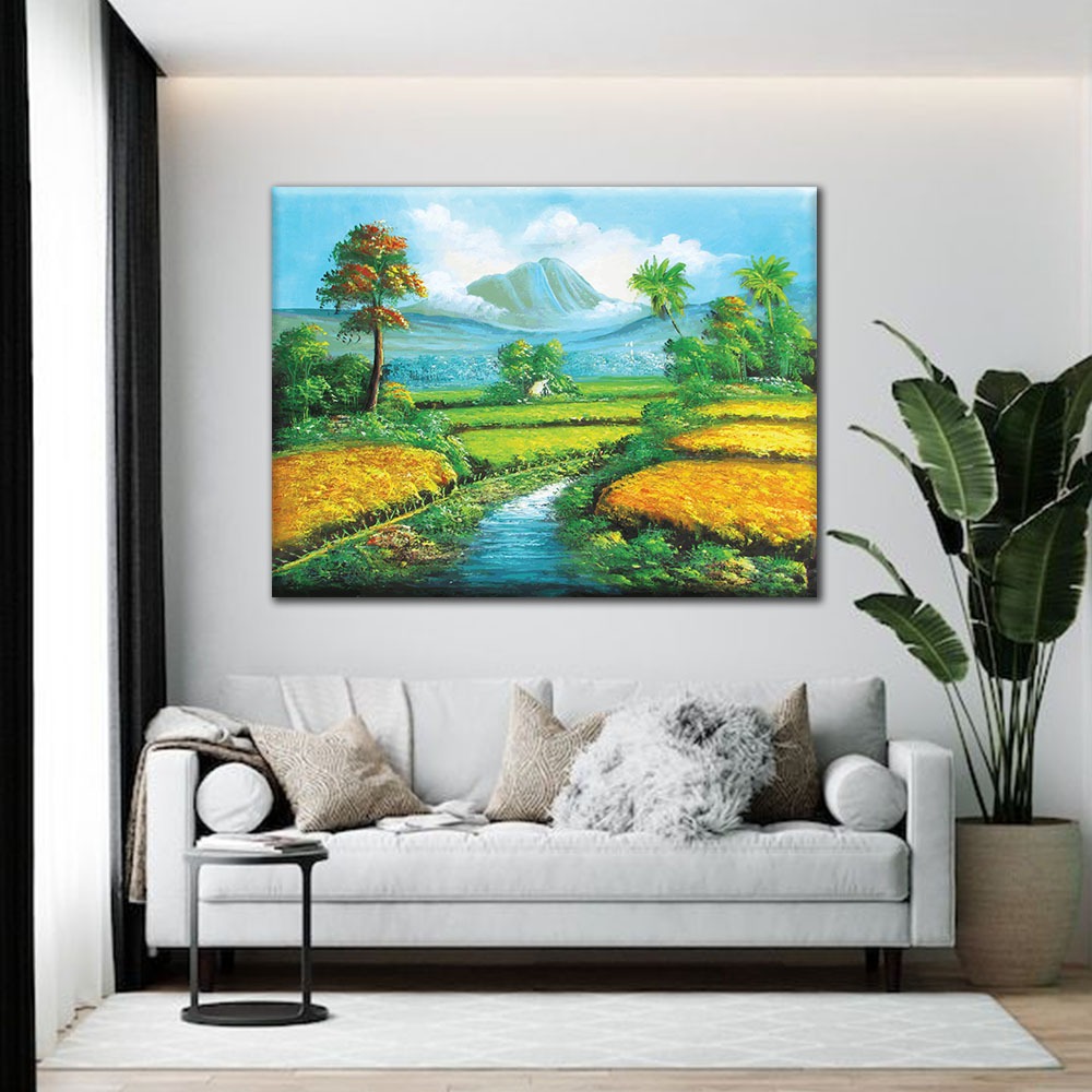 Lukisan Pemandangan Sawah Dan Gunung Handmade Hiasan Dinding Canvas 80x60